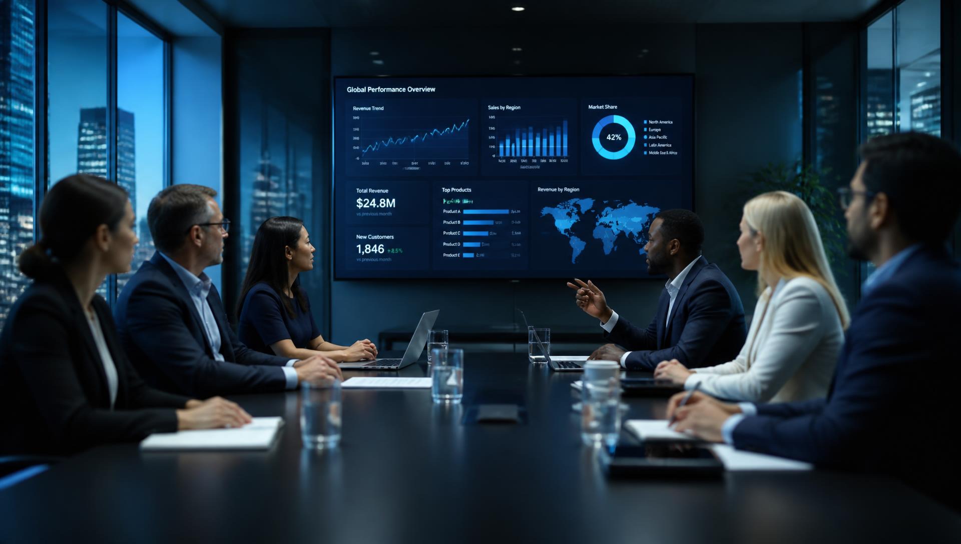 Business stakeholders reviewing revenue dashboards in a conference room